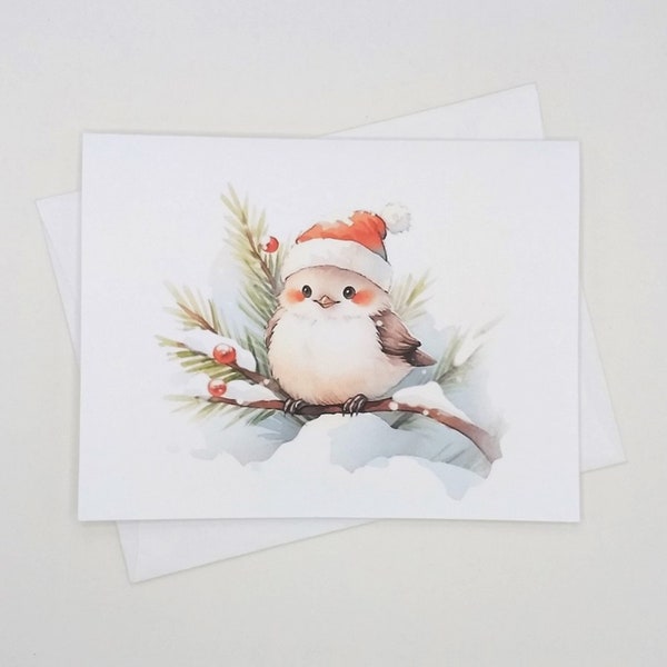 Cute Bird Christmas Cards, 8 blank folded holiday note cards, watercolor birds, pine tree, snow, chickadee, sparrow