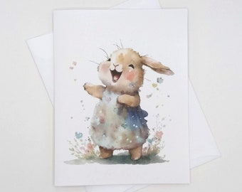 Laughing Happy Bunny note cards, set of 8 blank folded cards, watercolor rabbits, garden animals, notecards, bunnies