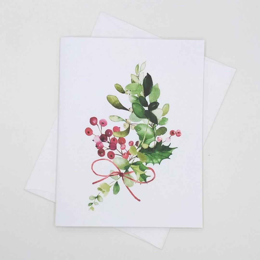 Christmas Cards, Holly Mistletoe Botanical Note Cards, 8 Blank Inside ...