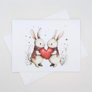 Bunnies With Heart Christmas Cards, 8 blank matching holiday note card set, whimsical rabbits, Valentine’s Day