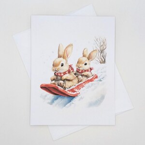 Bunnies Sledding Christmas Cards, set of 8 matching cards with envelopes, cute holiday stationery