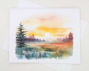 Watercolor Sunrise Landscape Card Set, 8 matching note cards, all occasion