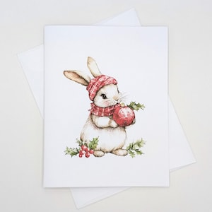 Bunny Christmas Cards, Set of 8 blank inside matching cards, cute Christmas rabbit card, gift exchange