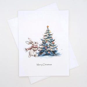 Whimsical Bunny and Tree Christmas Cards, 8 matching Merry Christmas note cards, blank inside