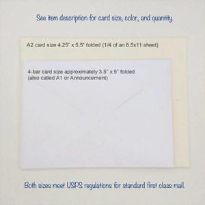 May include: Image showing two card sizes: A2 at 4.25" x 5.5" folded and 4-bar at approximately 3.5" x 5" folded. Text indicates both sizes meet USPS regulations. Additional text directs the viewer to the item description for color and quantity details.