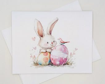 Bunny and Eggs Easter cards, 8 matching note cards, cute Easter rabbit