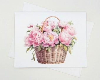 Peonies in Basket Cards, note cards, set of 8 blank folded cards, watercolor flowers, garden flowers, pink peony, notecards