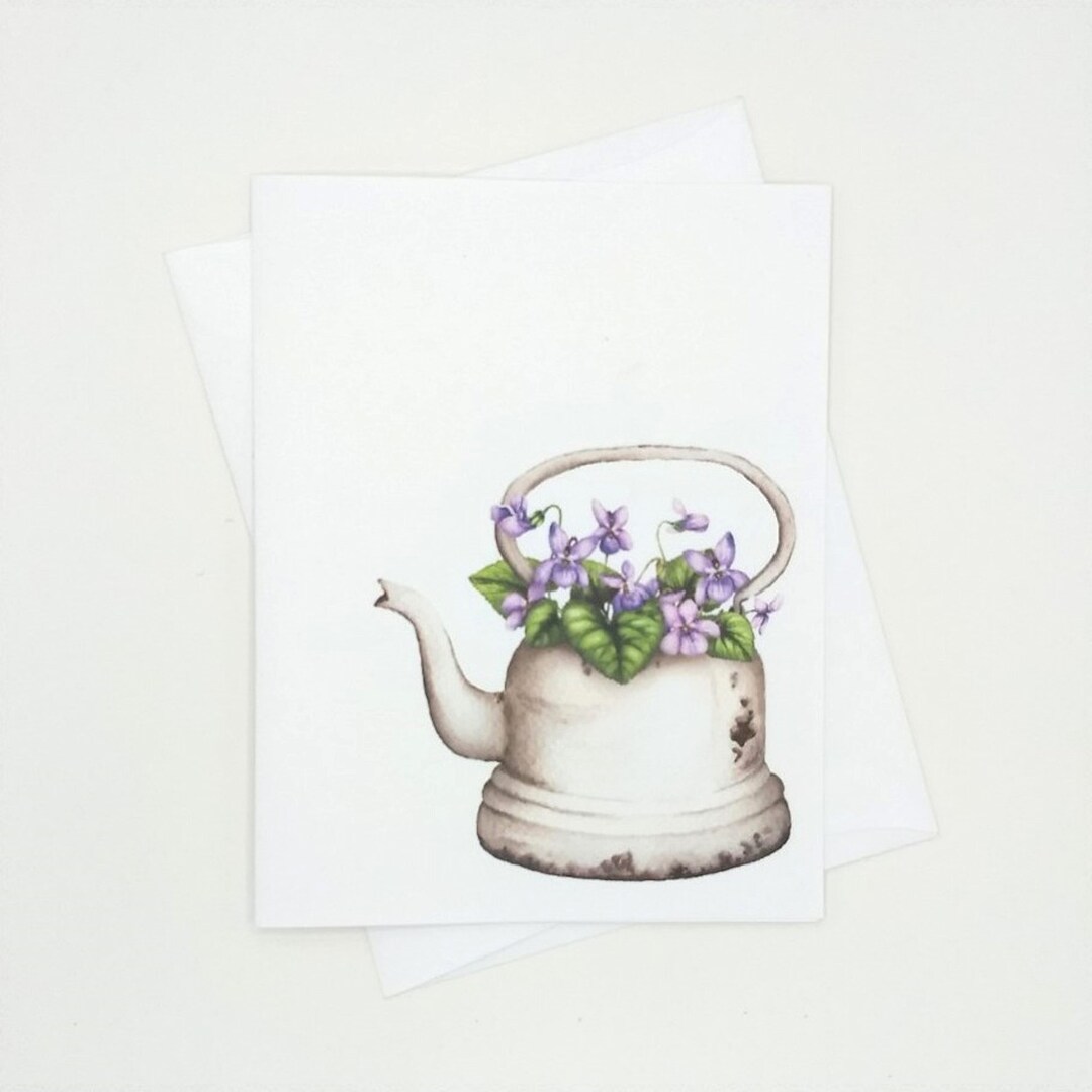Violets Teapot Note Cards Set, 8 Blank Folded Cards, Watercolor Flowers