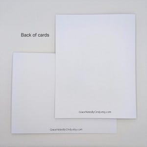 May include: Two white rectangular cards, one larger than the other, are displayed. The text "Back of cards" is visible on the left. The website address "GraceNotesByCindy.etsy.com" is printed on the bottom right of the larger card and the bottom of the smaller card.