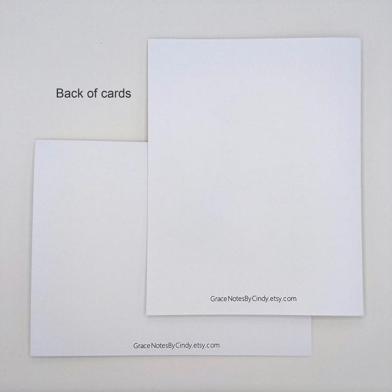 May include: Two white rectangular cards, one larger than the other, are displayed. The text "Back of cards" is visible on the left. The website address "GraceNotesByCindy.etsy.com" is printed on the bottom right of the larger card and the bottom of the smaller card.