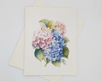 Pink Blue Hydrangeas Note Cards Set, 8 blank folded cards, watercolor flowers, notecards, hydrangea