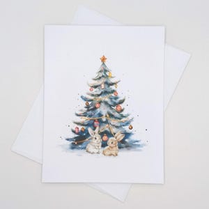 Bunnies and Tree Christmas Cards, Set of 8 matching holiday cards, whimsical rabbits in forest