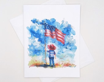 American Flag Patriotic Child Note Card Set, Memorial Day, 4th of July, red white and blue
