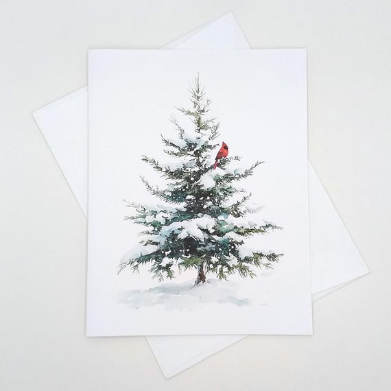 Cardinal in Evergreen Christmas Card Set, 8 matching note cards, winter holiday greetings