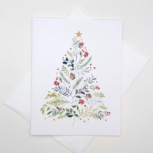 Floral Tree Christmas Cards, 8 matching blank inside note cards, winter holiday greeting card, watercolor style botanical Christmas tree