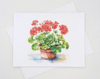 Red Geraniums Note Cards, 8 matching watercolor geranium in pot card set
