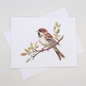 May include: A rectangular greeting card featuring a watercolor illustration of a brown and white sparrow perched on a thin branch with small green and yellow leaves. The bird has a dark brown head and a light-colored chest, set against a white background.