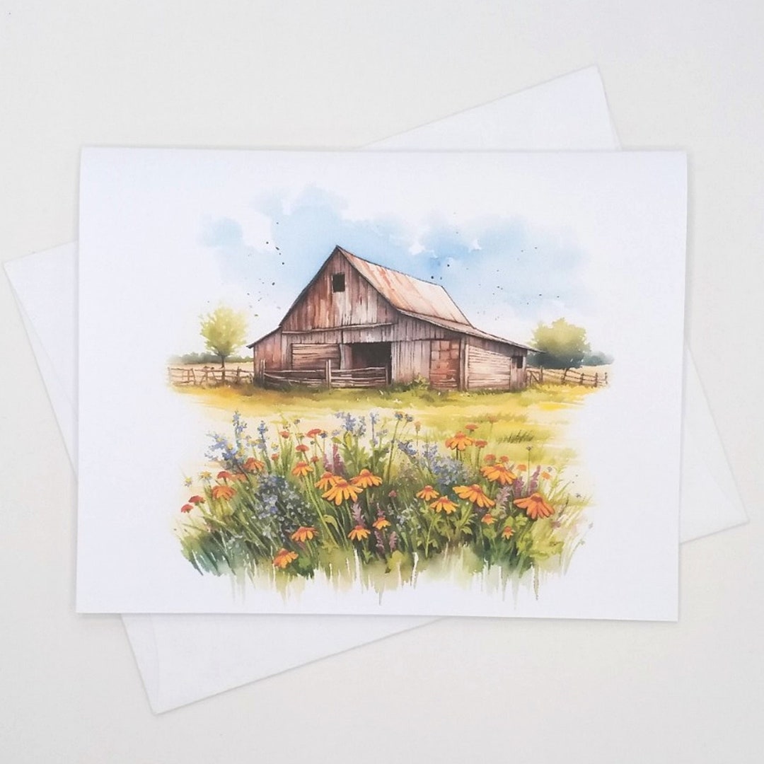 Country Barn Card Set, 8 Matching Note Cards, Farm Wildflowers ...