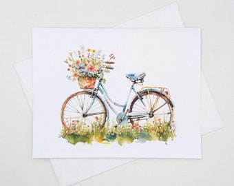 Bicycle Flowers Card Set, 8 blank folded note cards, watercolor, notecards, bike