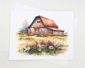 Red Barn Card Set, 8 blank folded note cards, watercolor, farm, countryside, notecards,