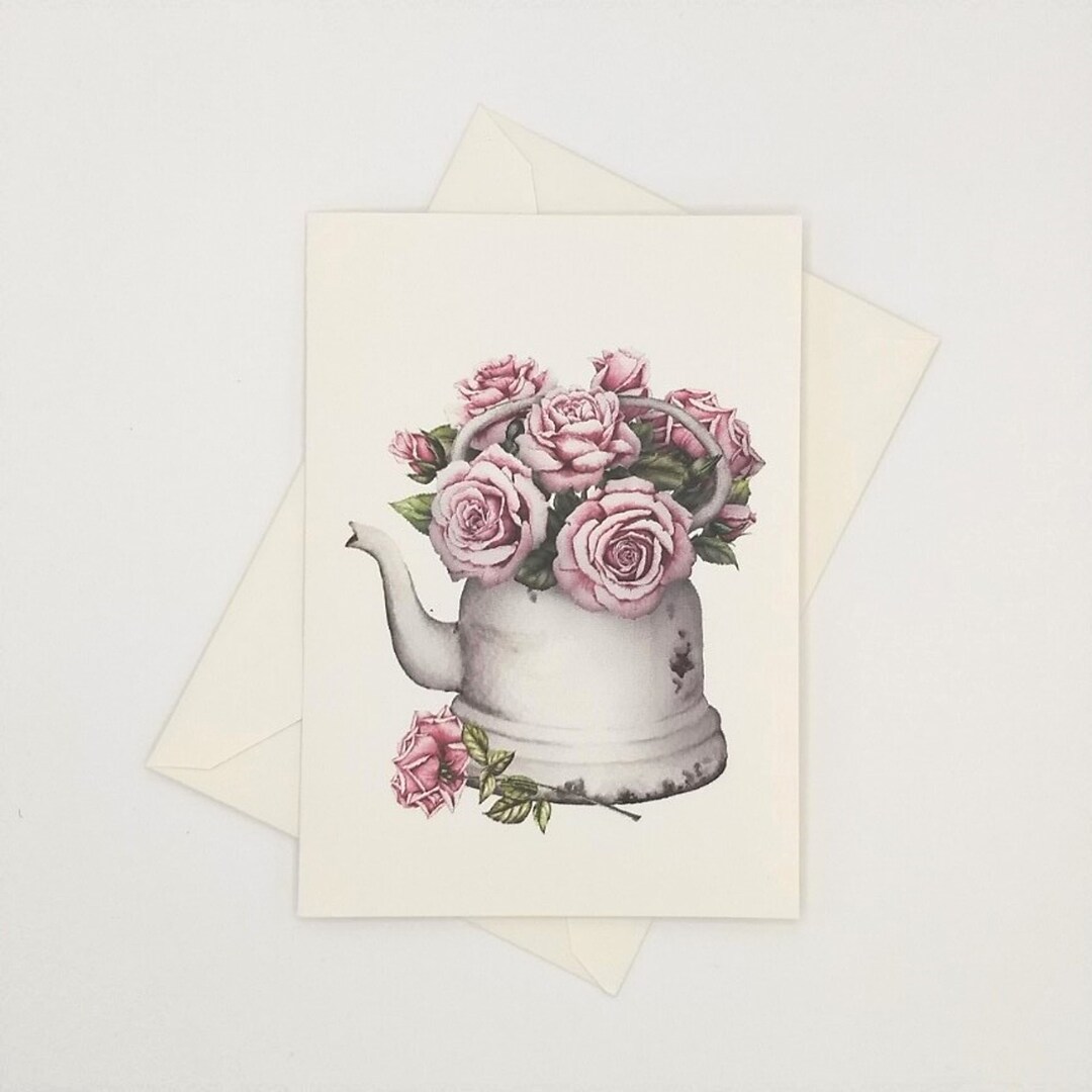 Rose Teapot Card Set, 8 Blank Folded Note Cards, Watercolor Flower ...