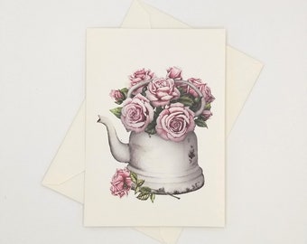 Rose Teapot Card Set, 8 blank folded note cards, watercolor flower, notecards