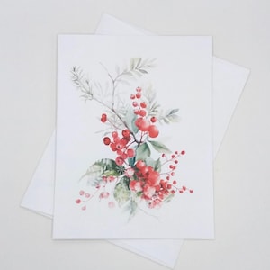 May include: Watercolor painting of a red berry branch with green leaves. The berries are clustered together and the leaves are arranged around them. The painting is on a white background.