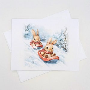 Bunnies Sledding Christmas Cards, Set of 8 Whimsical Rabbit Note Cards, Winter Holidays