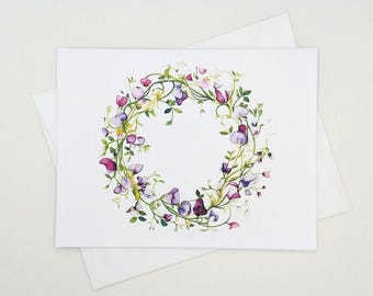Sweet Peas Floral Wreath Note Card Set, 8 matching cards, all occasion notes