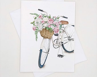 Bicycle Roses Card Set, 8 blank folded note cards, watercolor flowers, notecards, bike