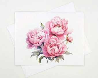 Pink Peony Note Card Set, 8 Matching Cards, Watercolor Floral Cards, Blank Inside