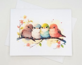 Cute Birds Cards, 8 matching note cards with envelopes, watercolor bird stationery, all occasion