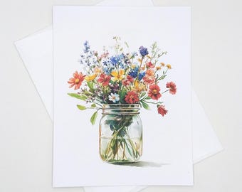 Wildflowers Card set, 8 matching note cards, watercolor flower bouquet in mason jar