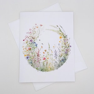 Wildflowers Card Set, 8 blank inside matching note cards with envelopes, watercolor style flowers, meadow floral