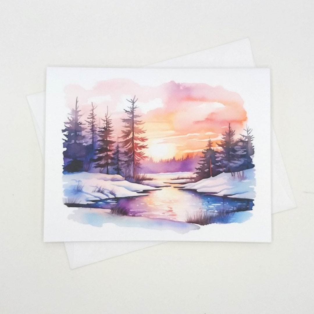 Winter Sunset Christmas Cards, Watercolor Snow Landscape, Set of 8 ...