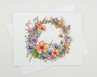 Wildflower Wreath Cards, Set of 8 blank folded note cards, watercolor flowers, wildflowers, notecards