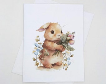 Cute Bunny note cards, set of 8 blank folded cards, watercolor rabbits, garden animals, notecards, bunnies, Easter