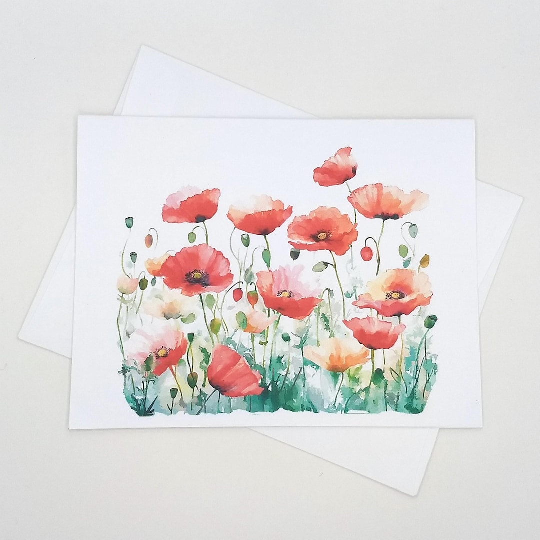 Poppies Note Card Set, 8 Matching Cards, Watercolor Style Poppy Flowers ...
