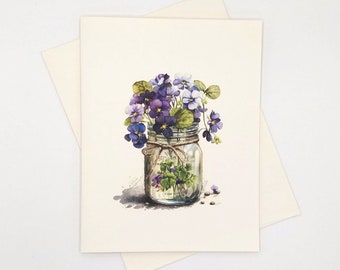 Violets Note Cards Set, 8 blank folded cards, watercolor flowers, violet card, mason jar, spring flowers, Mother's Day