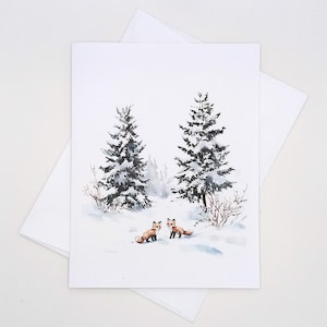 Foxes in Forest Christmas Cards, 8 blank matching note cards, cute fox notes