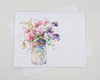 Sweet Peas Card Set, 8 blank folded note cards, watercolor flowers, notecards, pink purple flowers, wildflowers,  mason jar vase