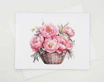 Pink Peonies in Basket Note Cards, set of 8 blank folded cards, watercolor flowers, garden flowers, pink peony, notecards