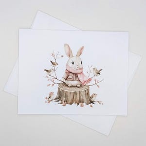 Cute Rabbit Christmas Cards, 8 matching bunny and birds note cards for winter holidays, whimsical rabbit in snow, Christmas gift idea