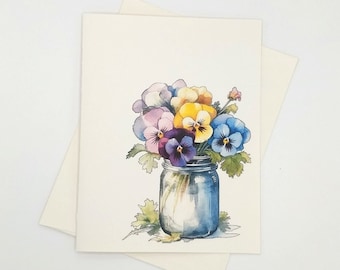 Pansy Note Cards Set, 8 blank folded cards, botanical watercolor flowers, notecards, wildflowers, mother’s day, mason jar, pansies