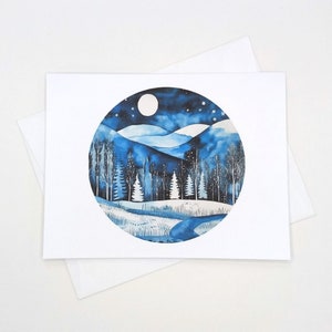 Starry Night Christmas Cards, set of 8 Holiday note cards, Winter Landscape