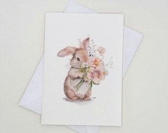 Bunny With Flowers Cards, 8 blank folded cards set, watercolor rabbit, easter, notecards