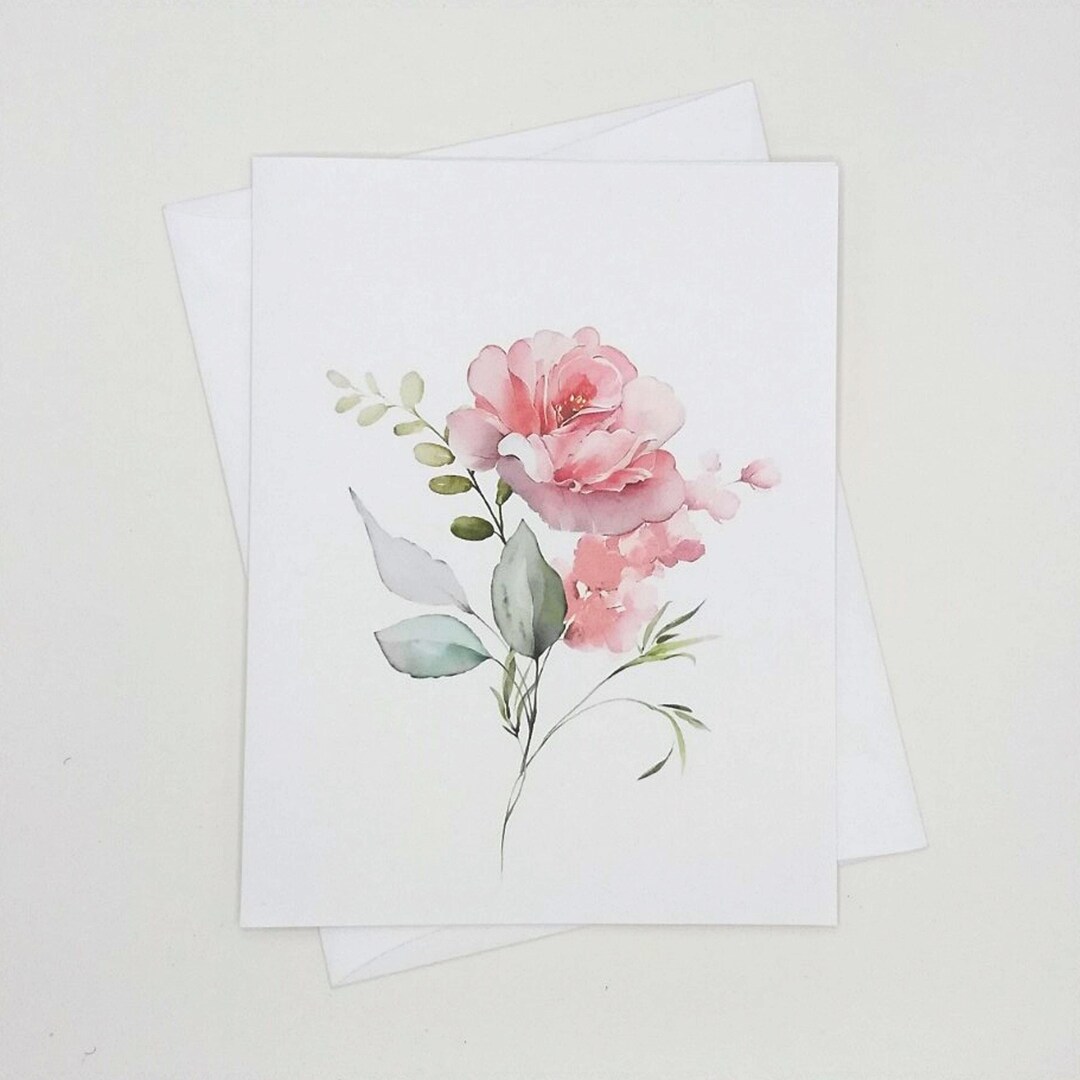 Pink Roses Note Card Set, 8 Blank Folded Note Cards, Watercolor Rose