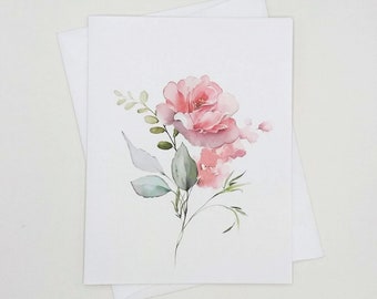 Pink Roses Note Card Set, 8 blank folded note cards, watercolor rose, notecards