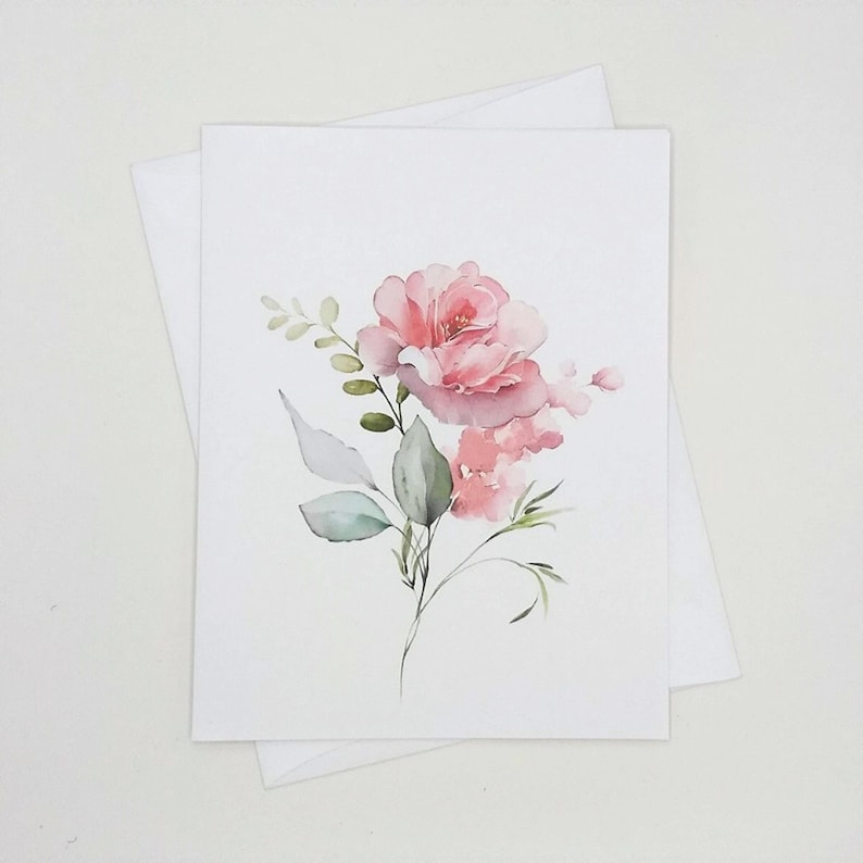 Pink Roses Note Card Set, 8 blank folded note cards, watercolor rose, notecards image 1