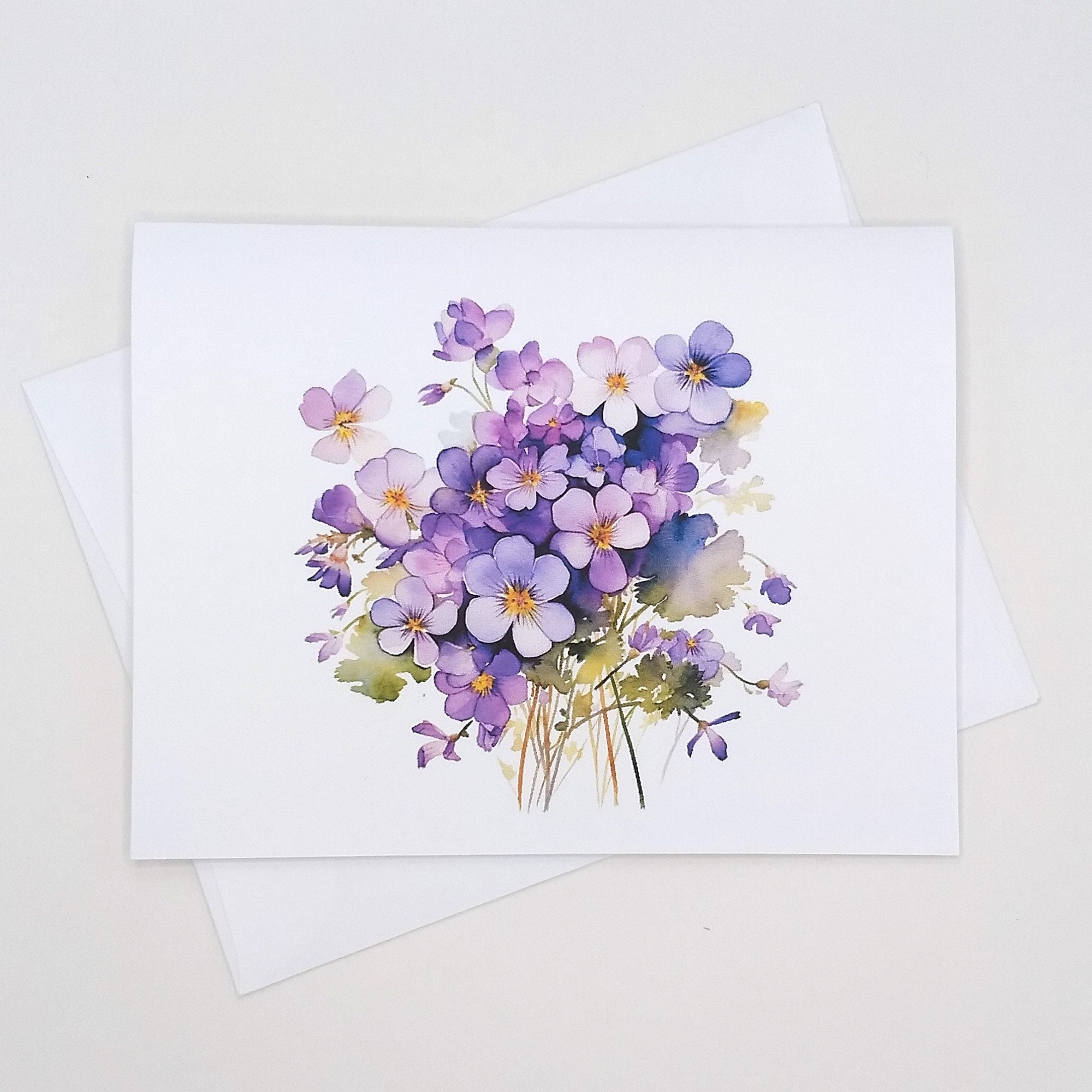 Violets Note Cards, matching set of 8 blank inside cards with envelopes, watercolor style flowers, violet wildflowers, gifts for women
